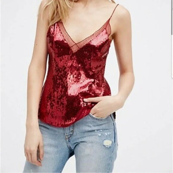 Free People - Intimately FP maroon lace-trim sequin cami - Picture 1 of 7